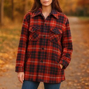 Vintage 1970s Sears Plaid Wool Coat Red & Navy Check Lumberjack Jacket